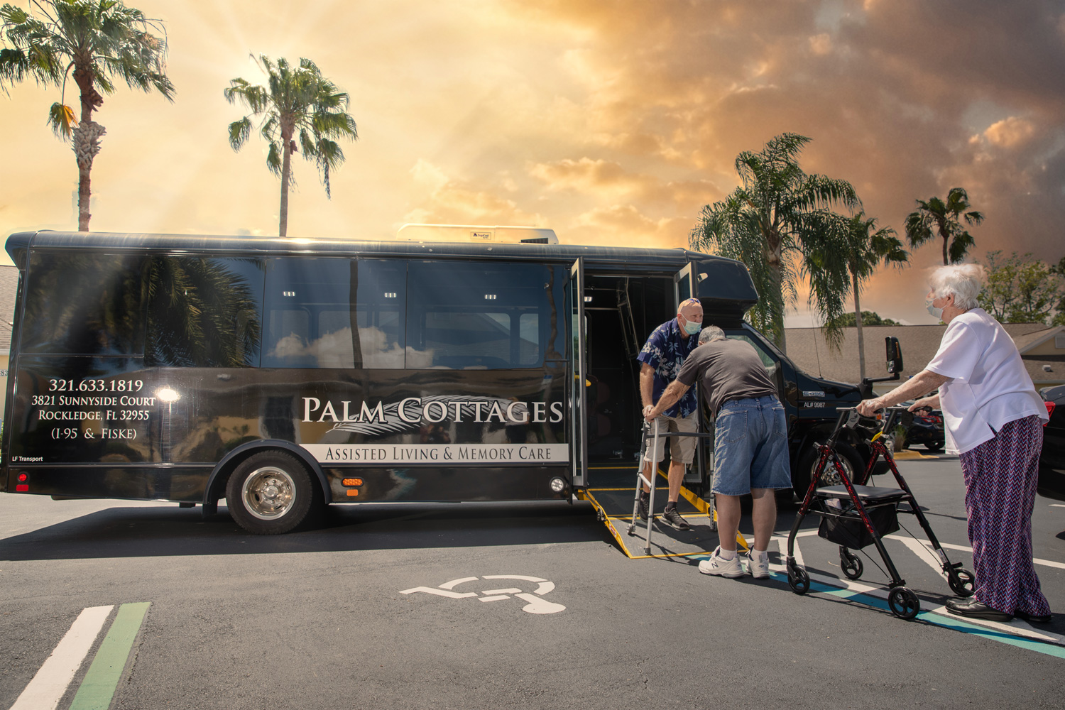 assisted living residents boarding palm cottages bus for outting